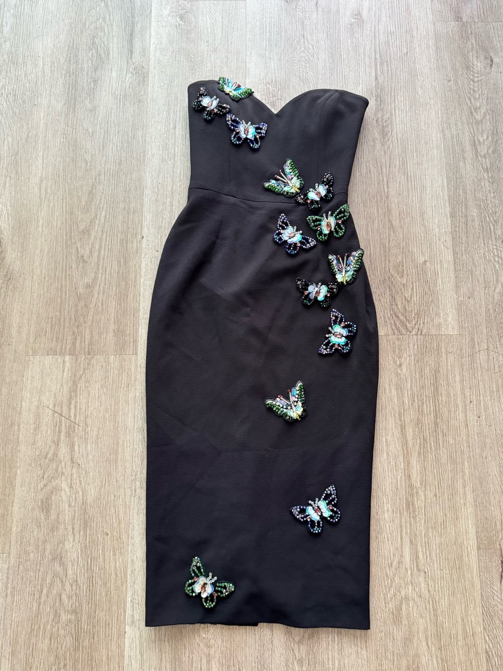 helsi hailey black 3d sequin butterfly applique strapless midi dress size XS NEW
